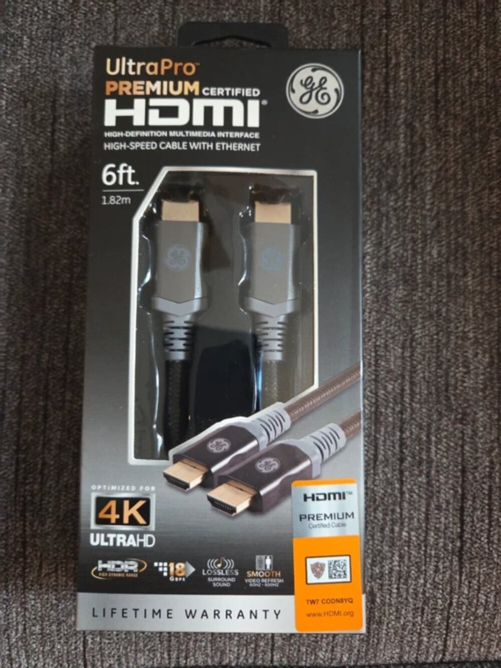 GE 6ft Premium Certified High Speed HDMI Cable with Ethernet, Gold-Plated Connec